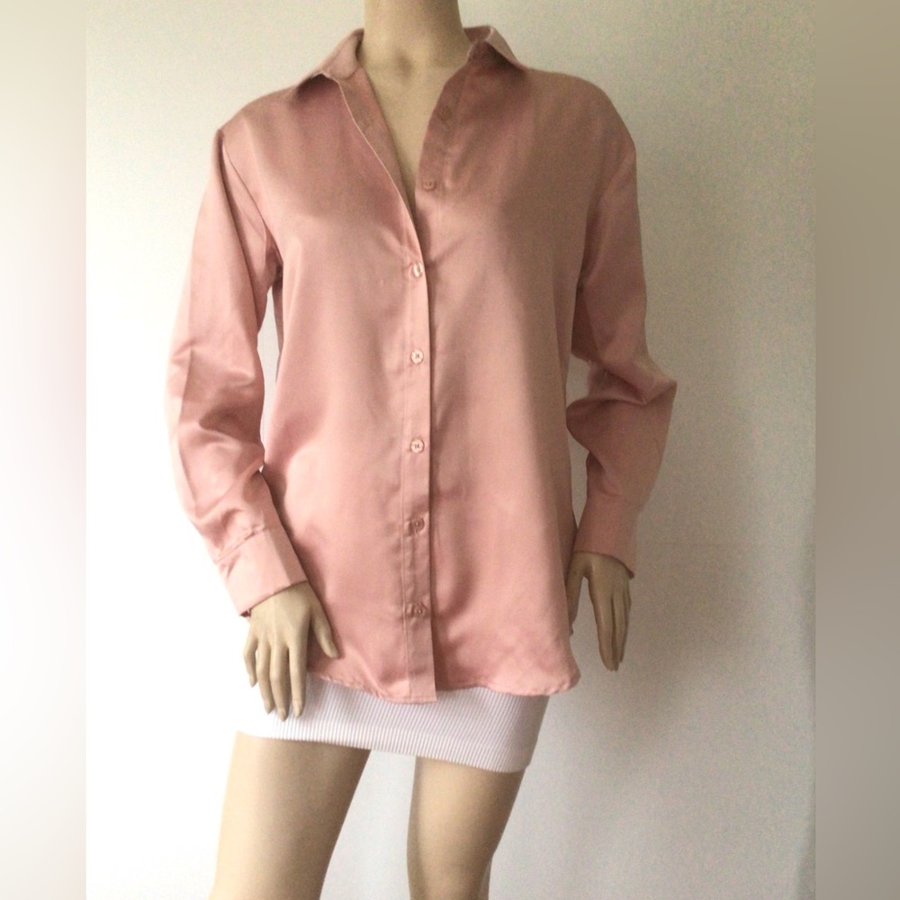 CHARLOTTE RUSSE Rose Gold Satin Button Down Shirt (Size M)